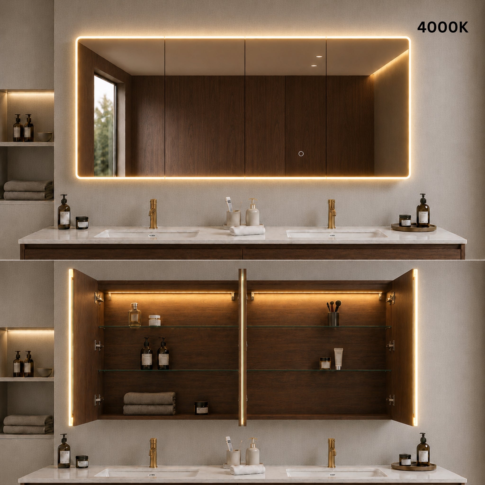 LUKKA AVOLA MOCHA OAK LED MIRROR SHAVING CABINET WITH 3 COLOUR LIGHTS 1500X750MM