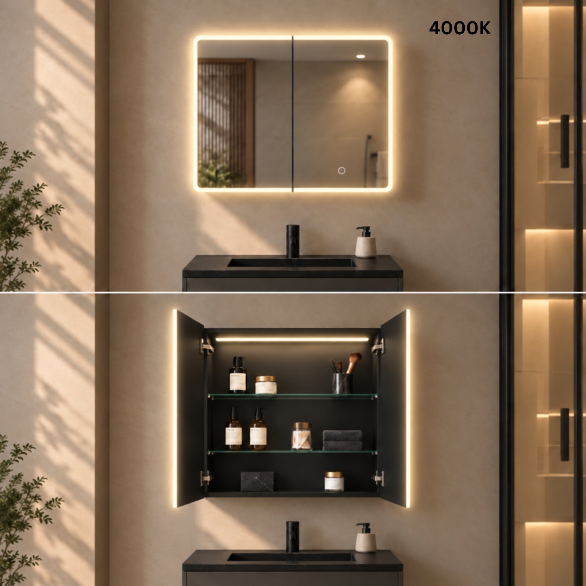 LUKKA AVOLA MATTE BLACK LED MIRROR SHAVING CABINET WITH 3 COLOUR LIGHTS 600X750MM