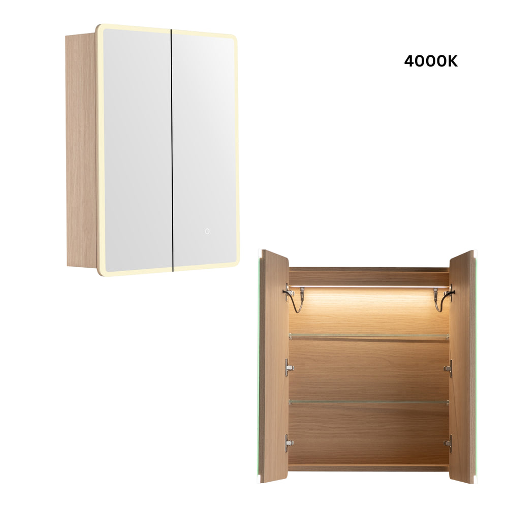 LUKKA AVOLA SANDY OAK LED MIRROR SHAVING CABINET WITH 3 COLOUR LIGHTS 600X750MM