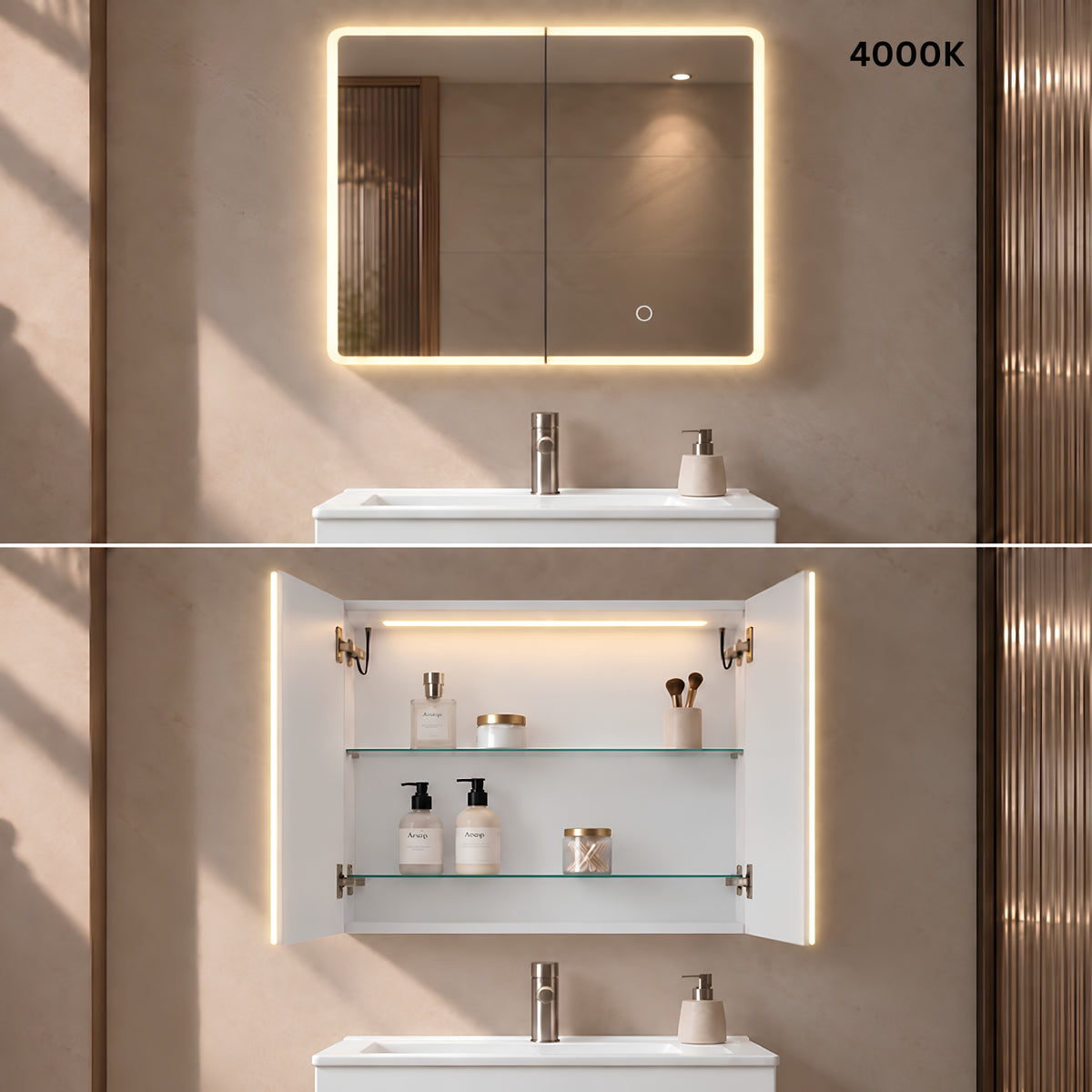 LUKKA AVOLA MATTE WHITE LED MIRROR SHAVING CABINET WITH 3 COLOUR LIGHTS 750X750MM