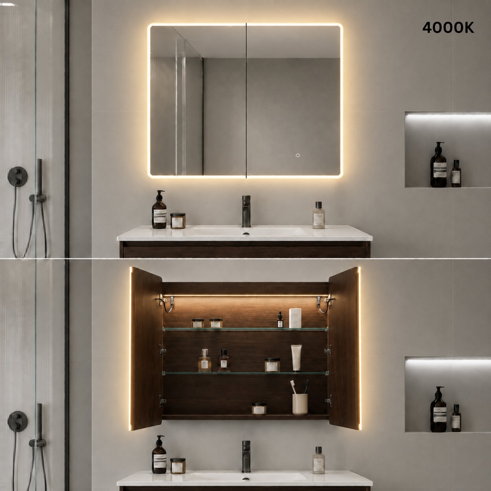 LUKKA AVOLA MOCHA OAK LED MIRROR SHAVING CABINET WITH 3 COLOUR LIGHTS 900X750MM