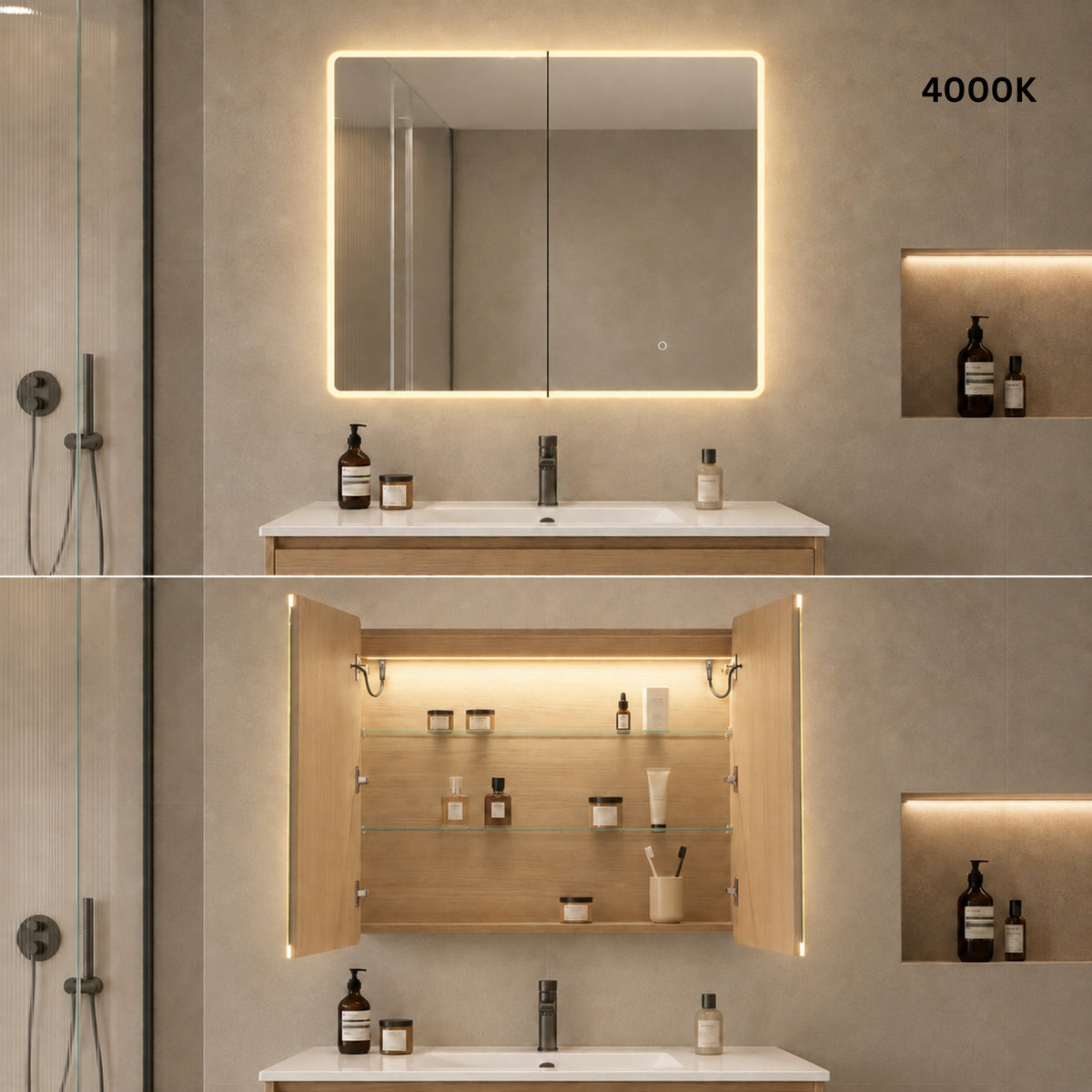 LUKKA AVOLA SANDY OAK LED MIRROR SHAVING CABINET WITH 3 COLOUR LIGHTS 900X750MM