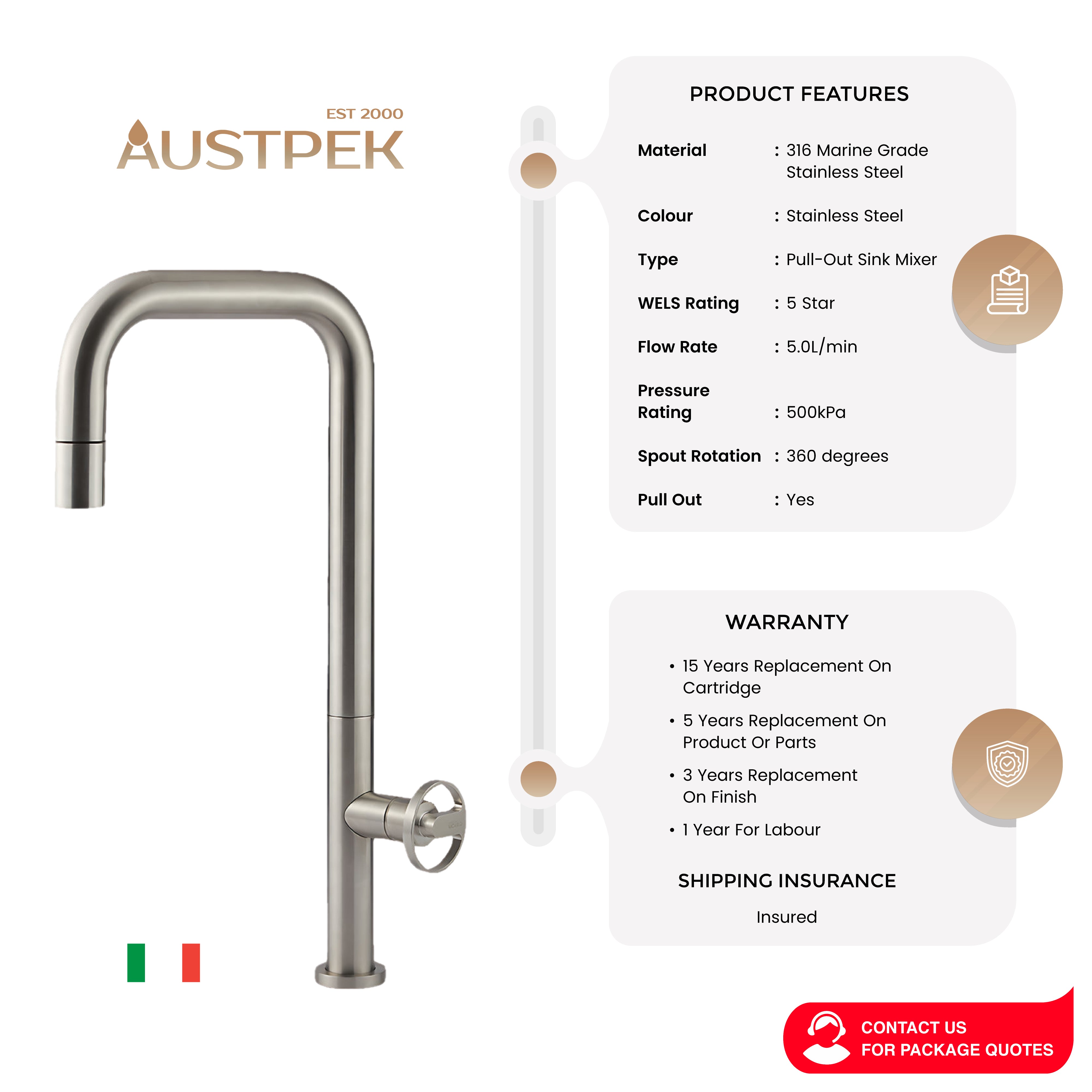ARMANDO VICARIO PATIO PULL-OUT SINK MIXER STAINLESS STEEL