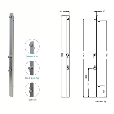 RAINWARE SUNCOAST WALL MOUNTED OUTDOOR HOT AND COLD SHOWER AND COLD FOOTWASH STAINLESS STEEL