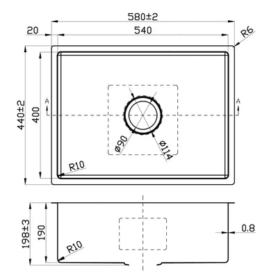 IKON CORA SINGLE BOWL ABOVE / UNDERMOUNT SINK STAINLESS STEEL 540MM