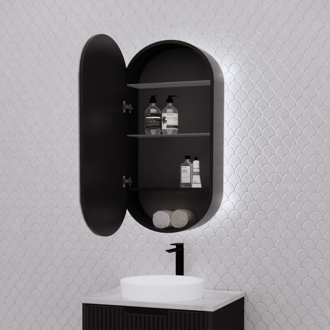 RIVA PARIS MATTE BLACK LED SHAVING CABINET 450X870MM