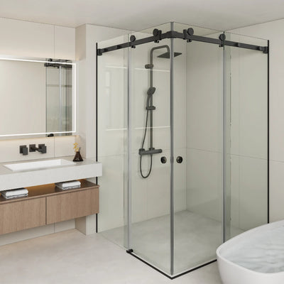 COVEY FRAMELESS DOUBLE CORNER SLIDING DOOR SHOWER SCREEN MATTE BLACK