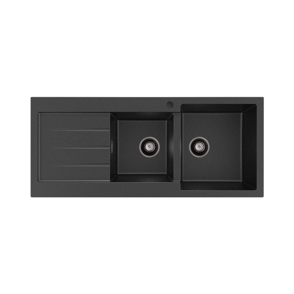 FIENZA KURO GRANITE DOUBLE BOWL KITCHEN SINK WITH DRAINER AND TAP HOLE 1160MM