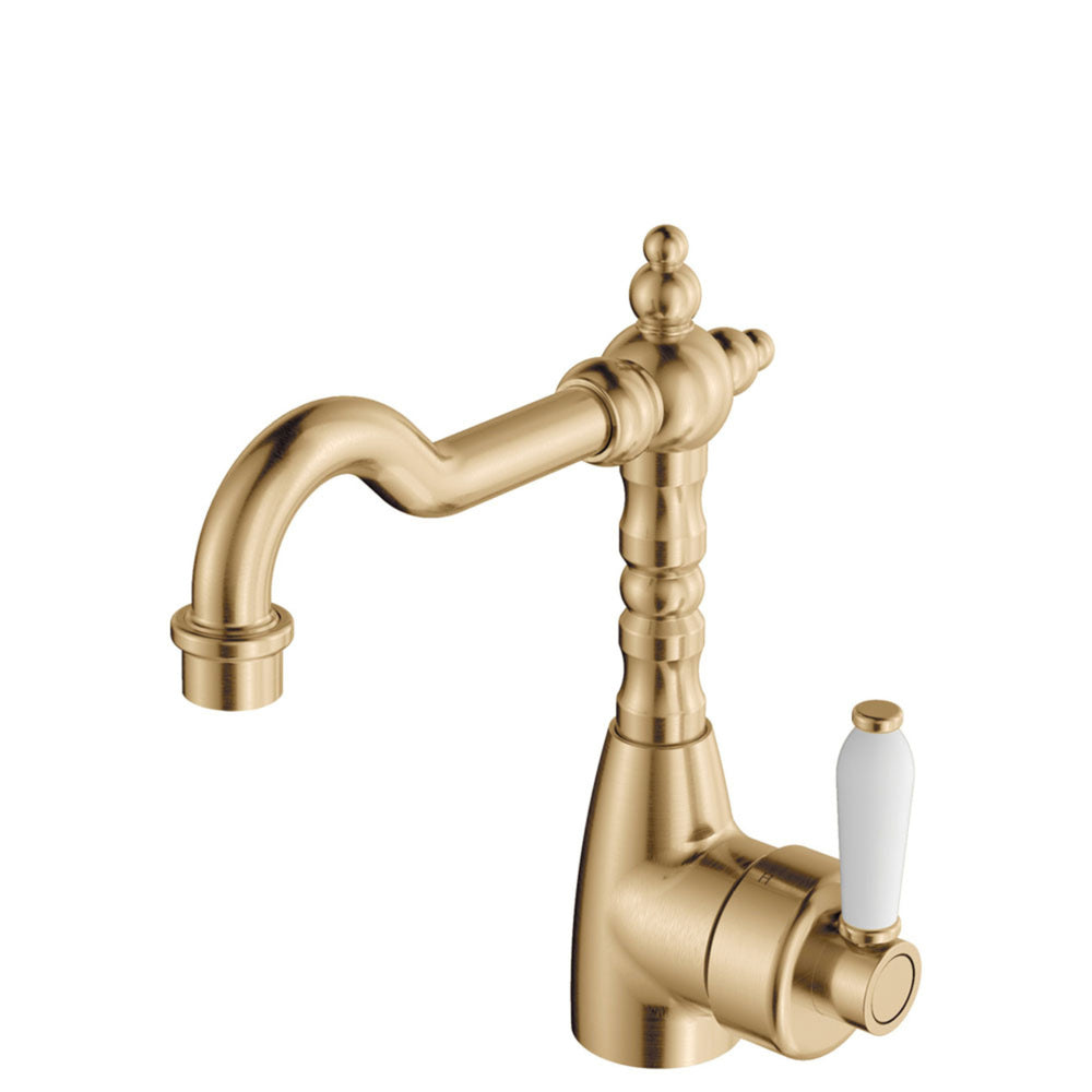 FIENZA ELEANOR SHEPHERDS CROOK BASIN MIXER 233MM CERAMIC HANDLE URBAN BRASS