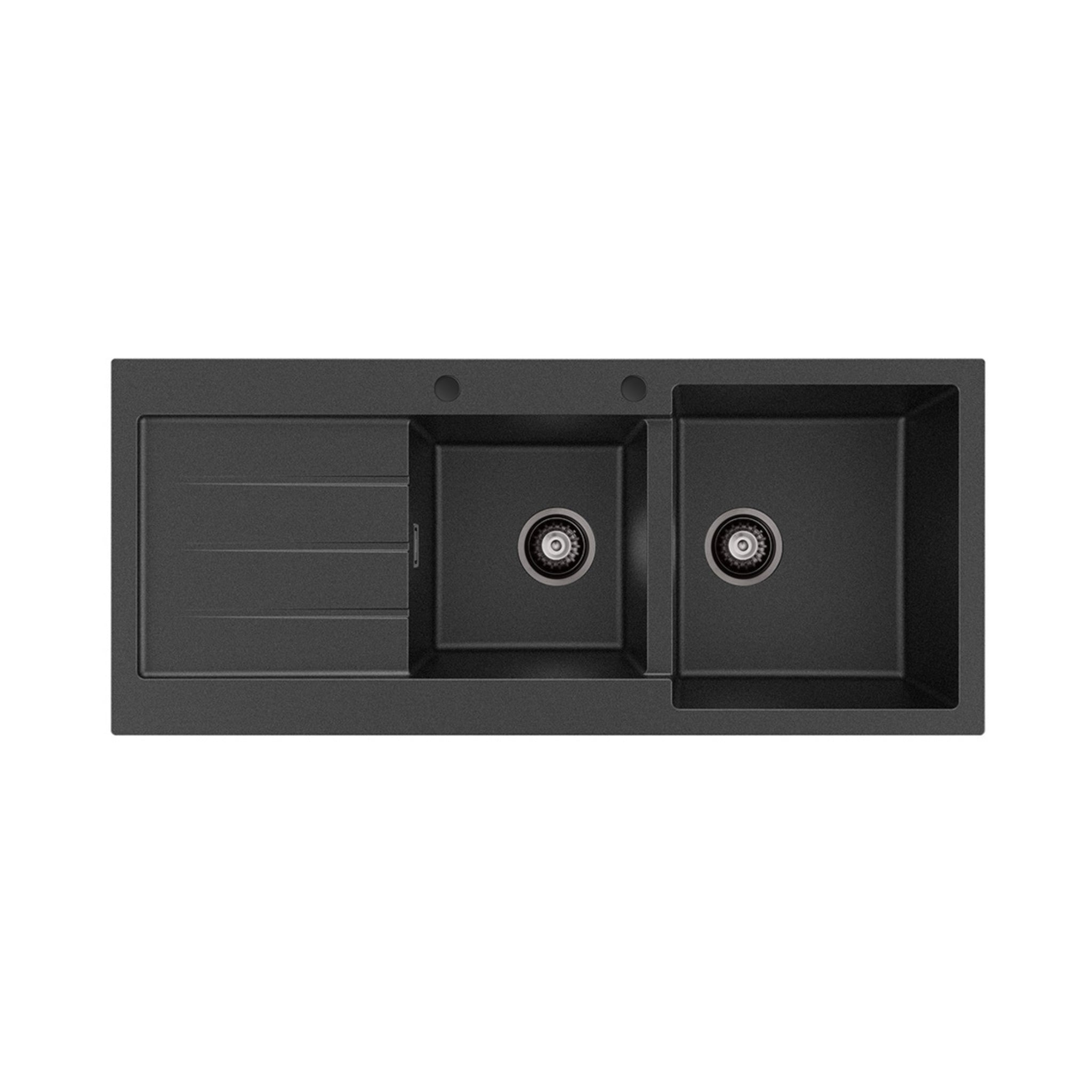 FIENZA KURO GRANITE DOUBLE BOWL KITCHEN SINK WITH DRAINER TWO TAP HOLE 1160MM