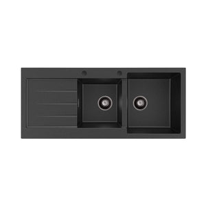 FIENZA KURO GRANITE DOUBLE BOWL KITCHEN SINK WITH DRAINER TWO TAP HOLE 1160MM