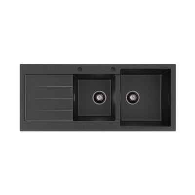 FIENZA KURO GRANITE DOUBLE BOWL KITCHEN SINK WITH DRAINER TWO TAP HOLE 1160MM