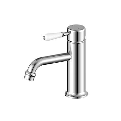NERO YORK STRAIGHT BASIN MIXER WITH WHITE PORCELAIN LEVER 170MM CHROME