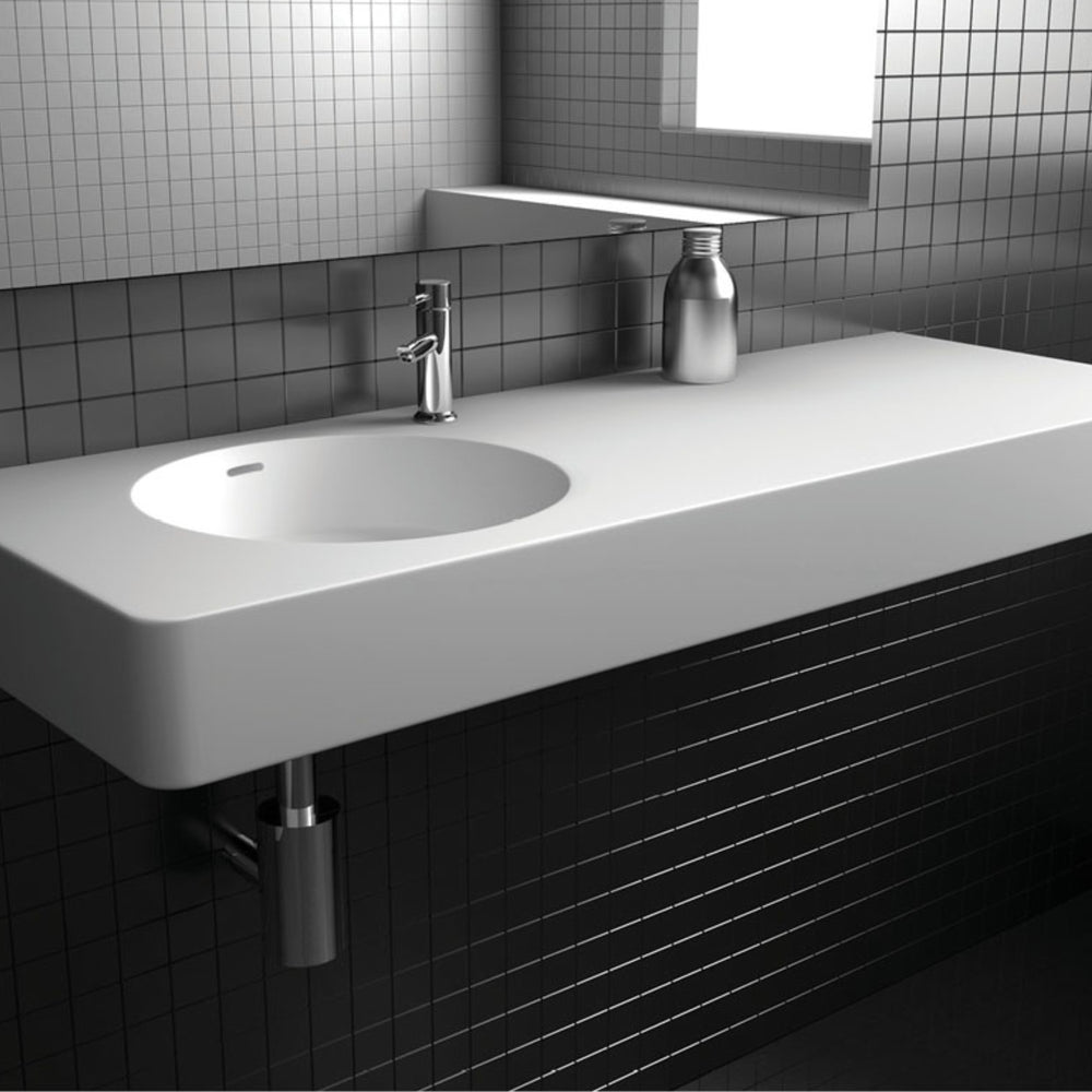 FIENZA ENCANTO SOLID SURFACE WALL HUNG LEFT HAND BASIN WITH TAPHOLE MATTE WHITE 1200MM