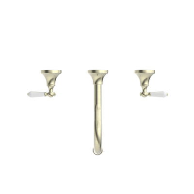 NERO YORK THREE PIECE WALL BASIN SET WITH WHITE PORCELAIN LEVER AGED BRASS