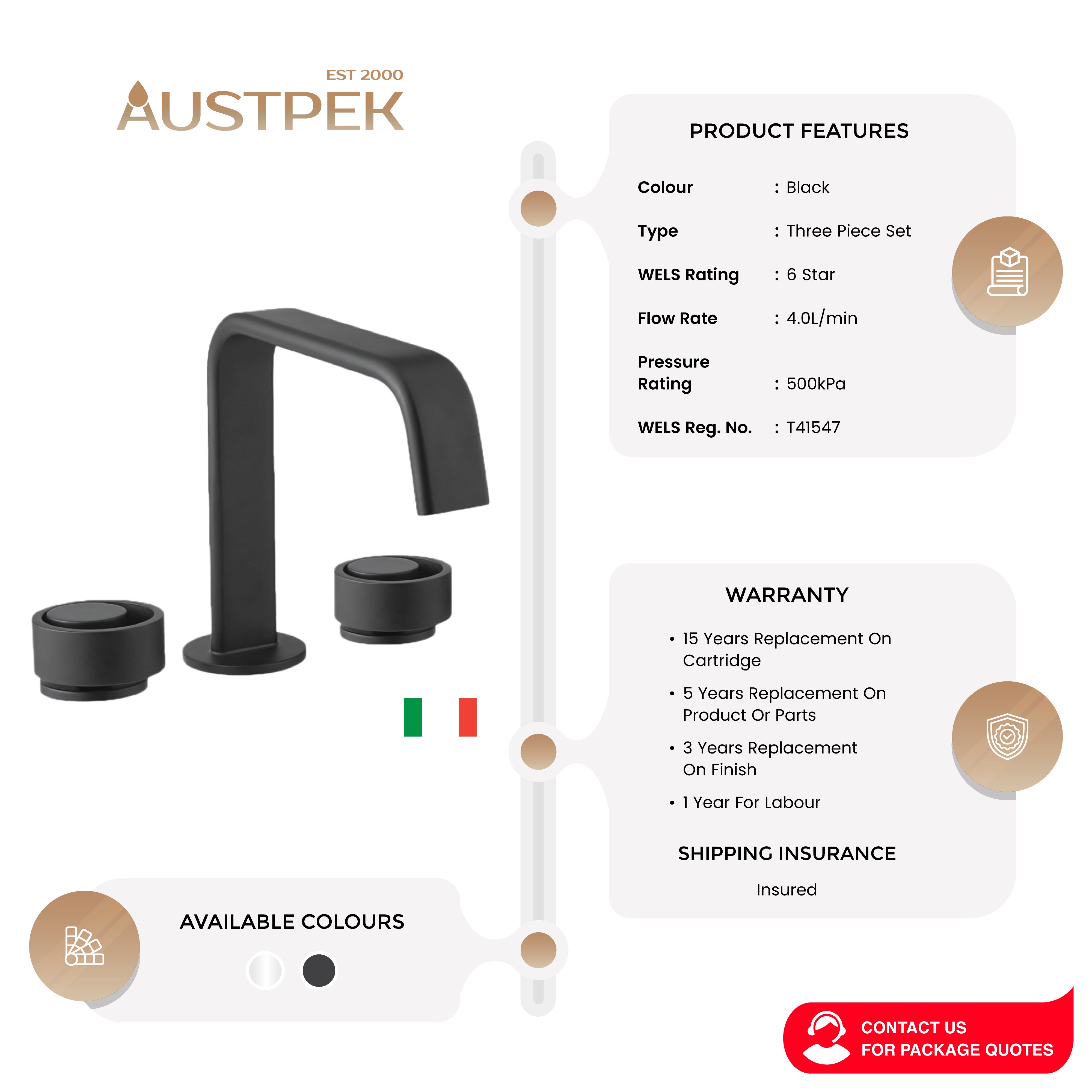 ARMANDO VICARIO PIAZZA THREE PIECE BASIN MIXER SET BLACK