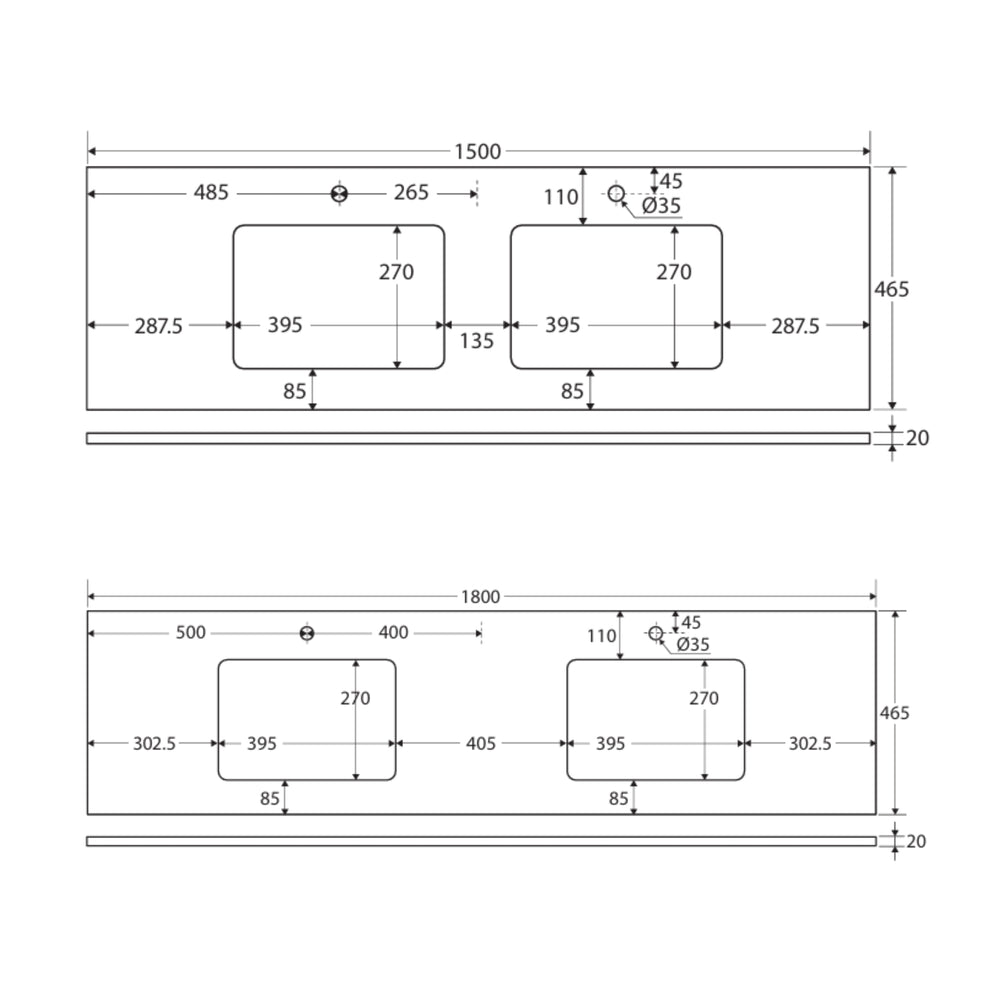 FIENZA CRYSTAL PURE SILICA FREE RECTANGULAR DEPTH STONE BENCHTOP WITH DOUBLE UNDERMOUNT BASIN HOLE & TAP HOLE (AVAILABLE IN 1500MM AND 1800MM)