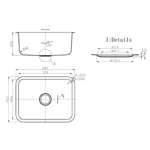 IKON OTUS SINGLE BOWL UNDERMOUNT SINK STAINLESS STEEL 587MM