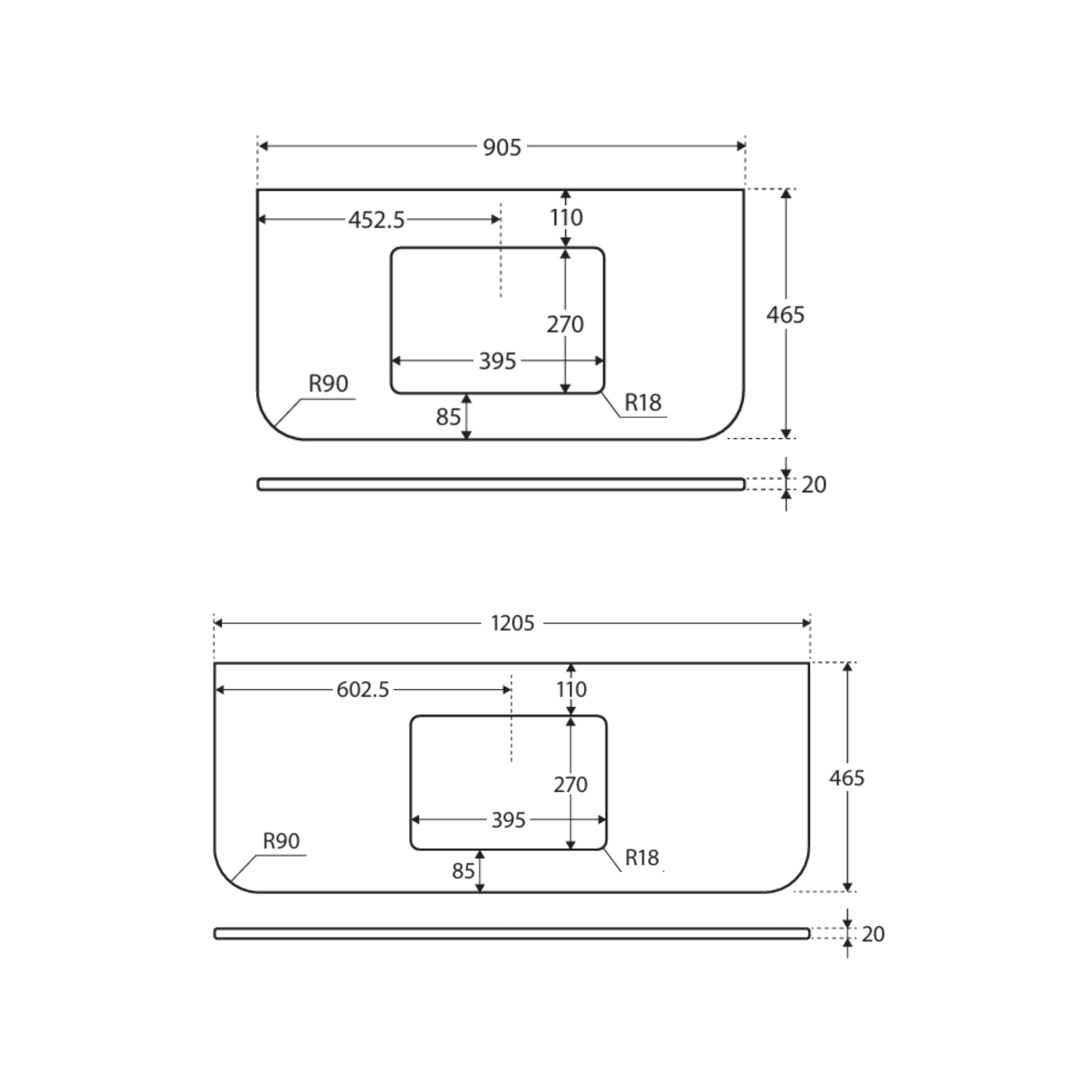 FIENZA NERO VENA SILICA FREE CURVED DEPTH STONE BENCHTOP WITH SINGLE UNDERMOUNT BASIN HOLE (AVAILABLE IN 900MM AND 1200MM)