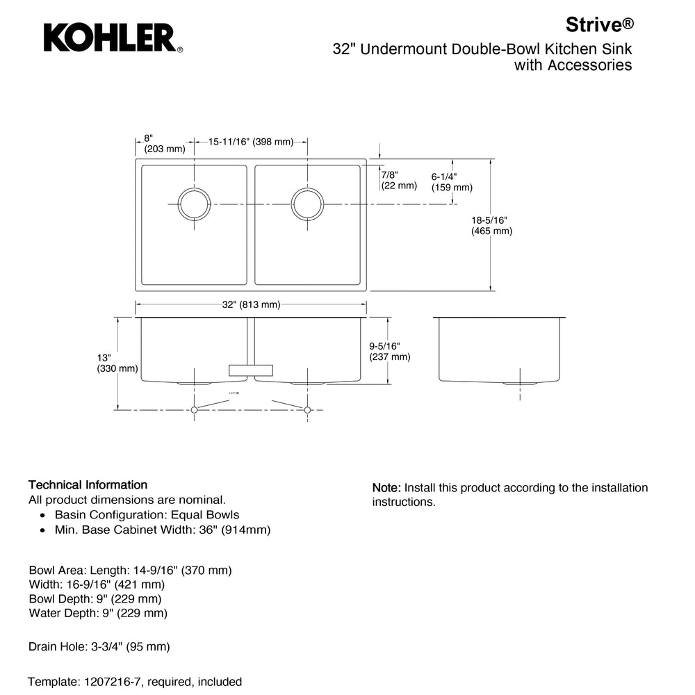 KOHLER STRIVE UNDERMOUNT KITCHEN SINK STAINLESS STEEL 813MM