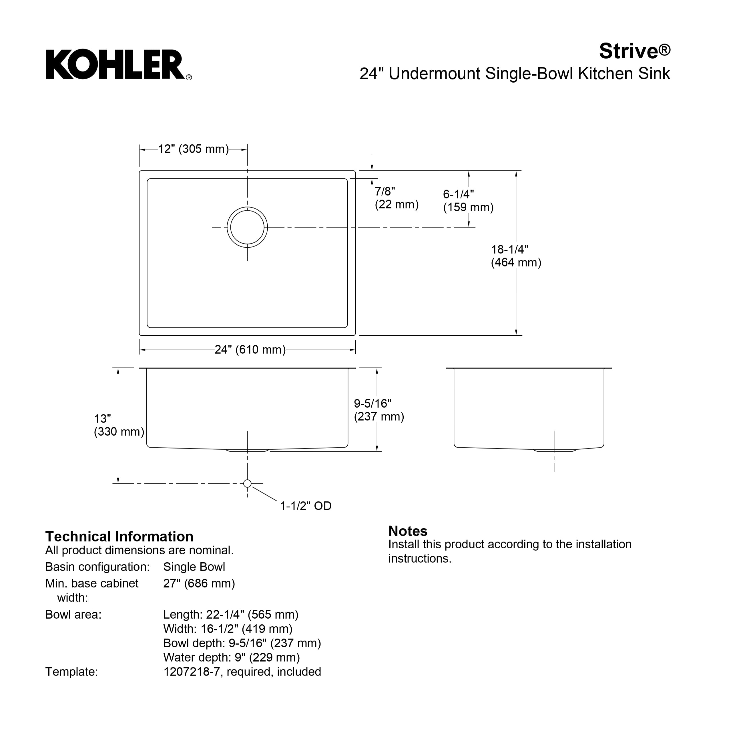 KOHLER STRIVE UNDERMOUNT KITCHEN SINK STAINLESS STEEL 610MM