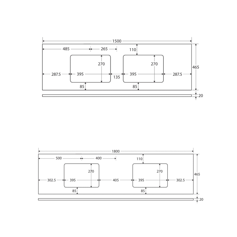 FIENZA MOONSCAPE RECTANGULAR SOLID SURFACE BENCHTOP WITH DOUBLE UNDERMOUNT BASIN HOLE & TAP HOLES (AVAILABLE IN 1500MM AND 1800MM)