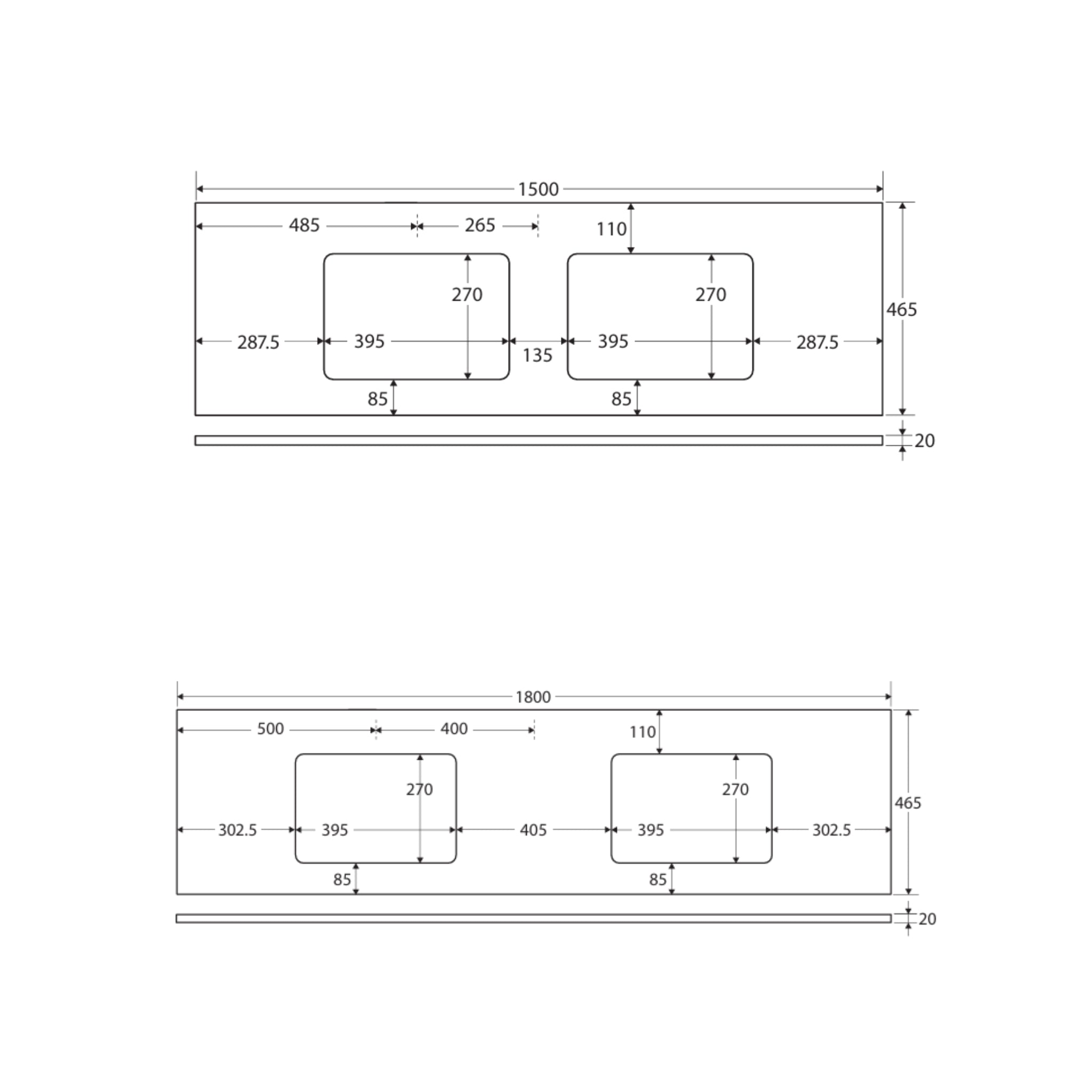 FIENZA PURE WHITE RECTANGULAR SOLID SURFACE BENCHTOP WITH DOUBLE UNDERMOUNT BASIN HOLES (AVAILABLE IN 1500MM AND 1800MM)