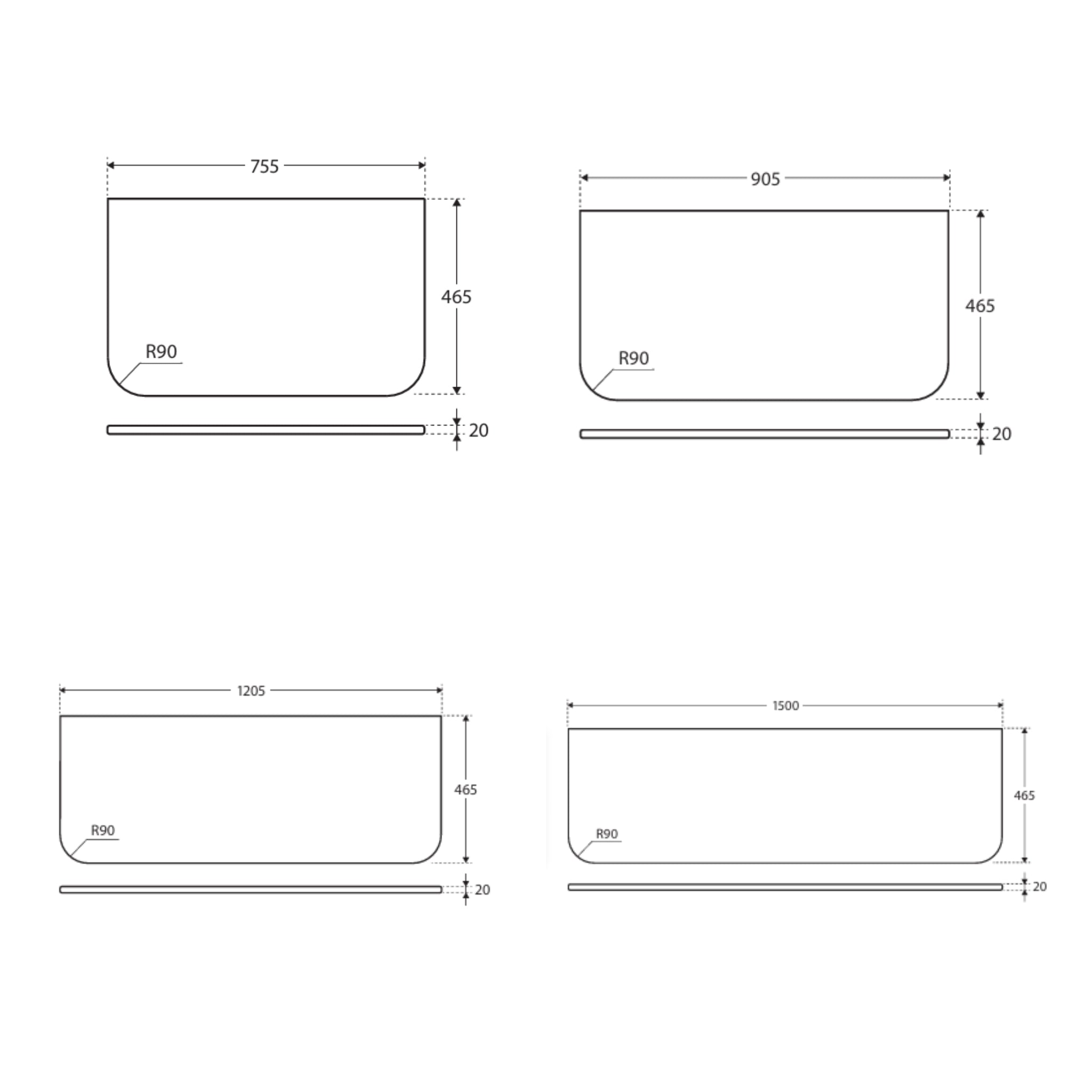 FIENZA MOONSCAPE CURVED SOLID SURFACE BENCHTOP (AVAILABLE IN 750MM, 900MM, 1200MM AND 1500MM)