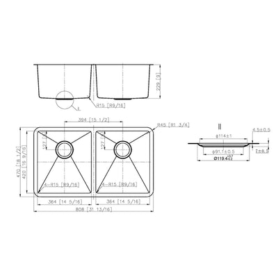 IKON OTUS DOUBLE BOWL UNDERMOUNT SINK STAINLESS STEEL 808MM