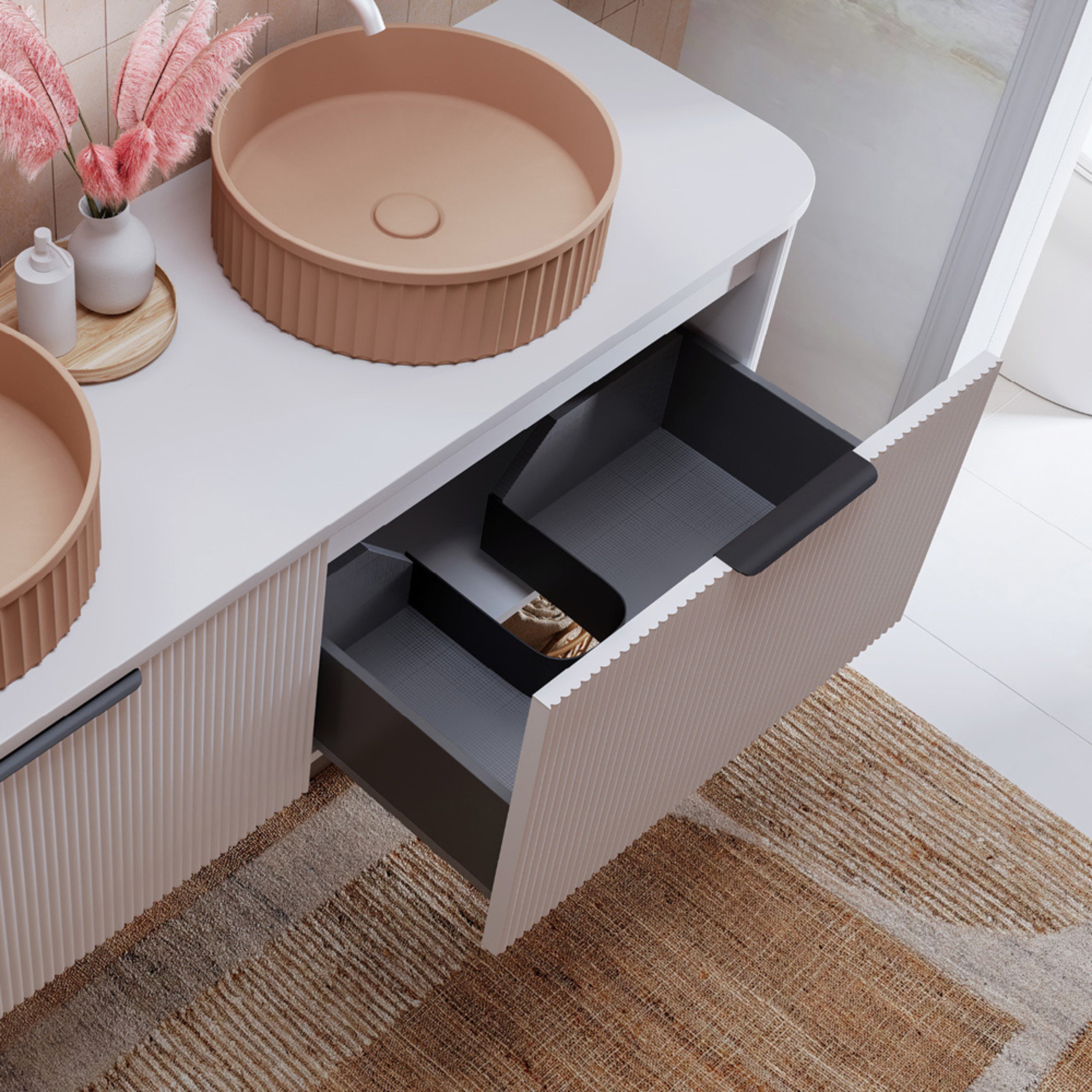 FIENZA MINKA SATIN WHITE FLUTED 1500MM CURVE DOUBLE BOWL WALL HUNG VANITY