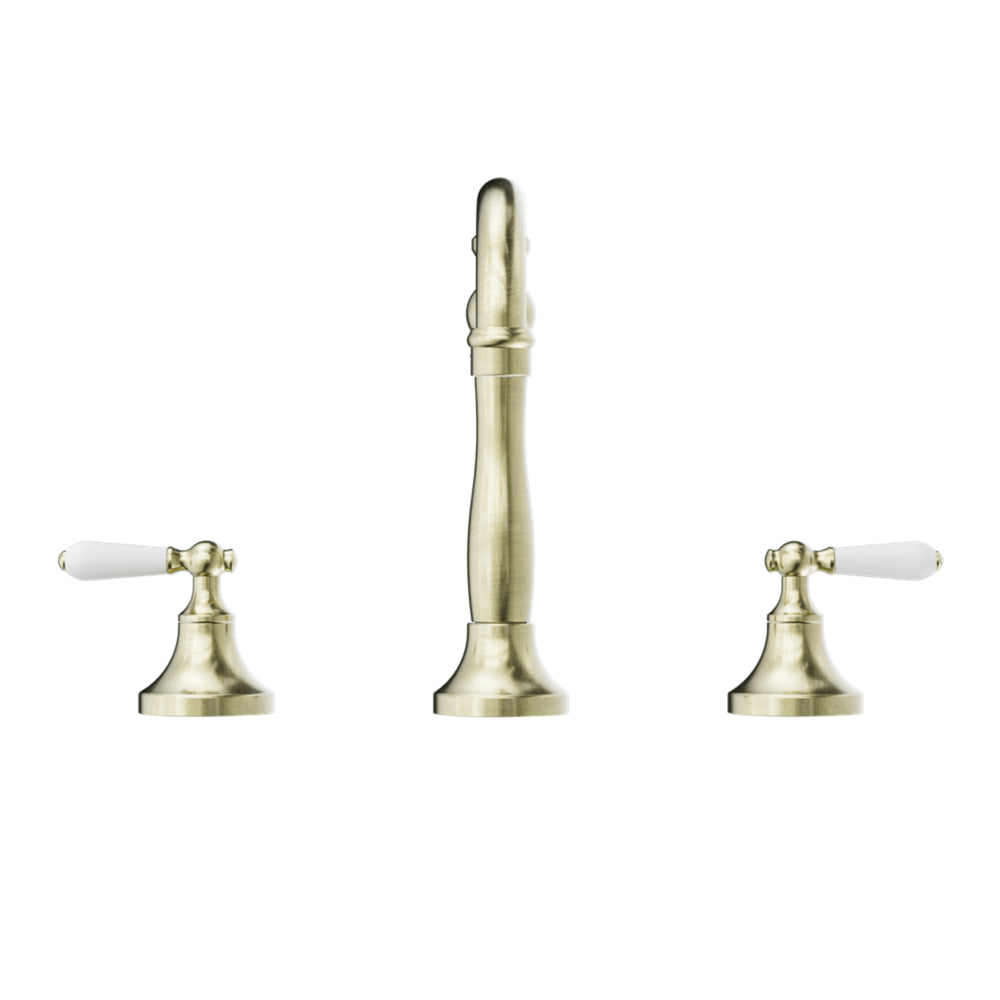 NERO YORK THREE PIECE BASIN SET WITH WHITE PORCELAIN LEVER AGED BRASS