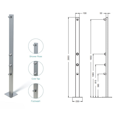 RAINWARE BEACH SLIM FREESTANDING OUTDOOR TIME FLOW SINGLE SHOWER AND FOOTWASH STAINLESS STEEL