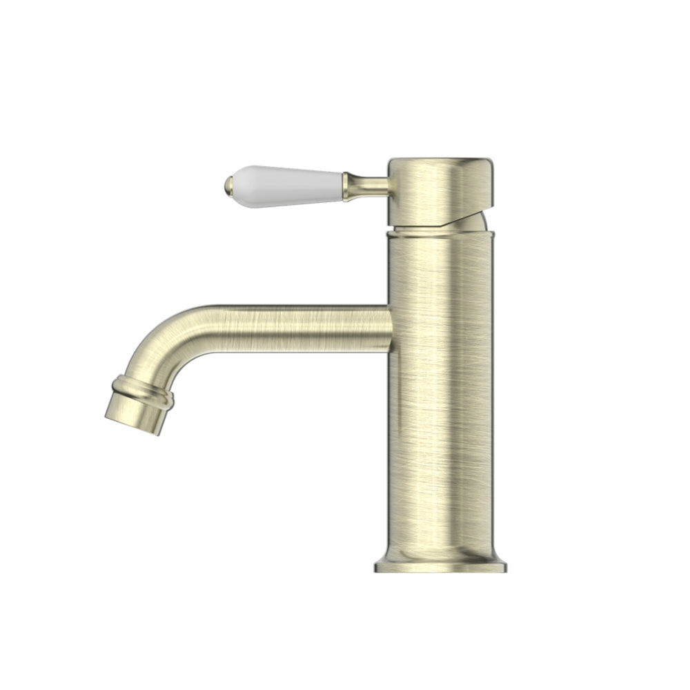 NERO YORK STRAIGHT BASIN MIXER WITH WHITE PORCELAIN LEVER 170MM AGED BRASS
