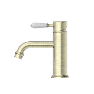 NERO YORK STRAIGHT BASIN MIXER WITH WHITE PORCELAIN LEVER 170MM AGED BRASS