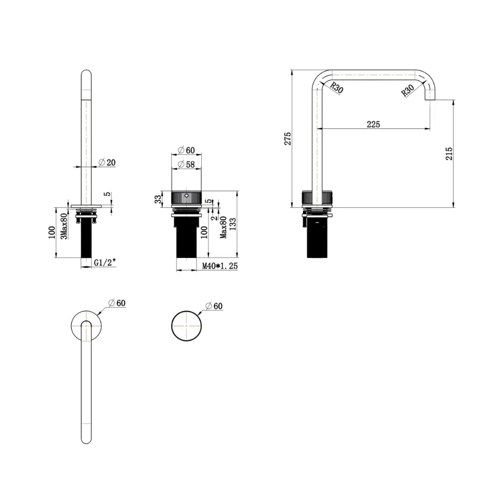 BELLA VISTA MICA LEAD FREE FLUTED SOFT-SQUARE HOB SINK/BASIN MIXER SET 275MM BLACK