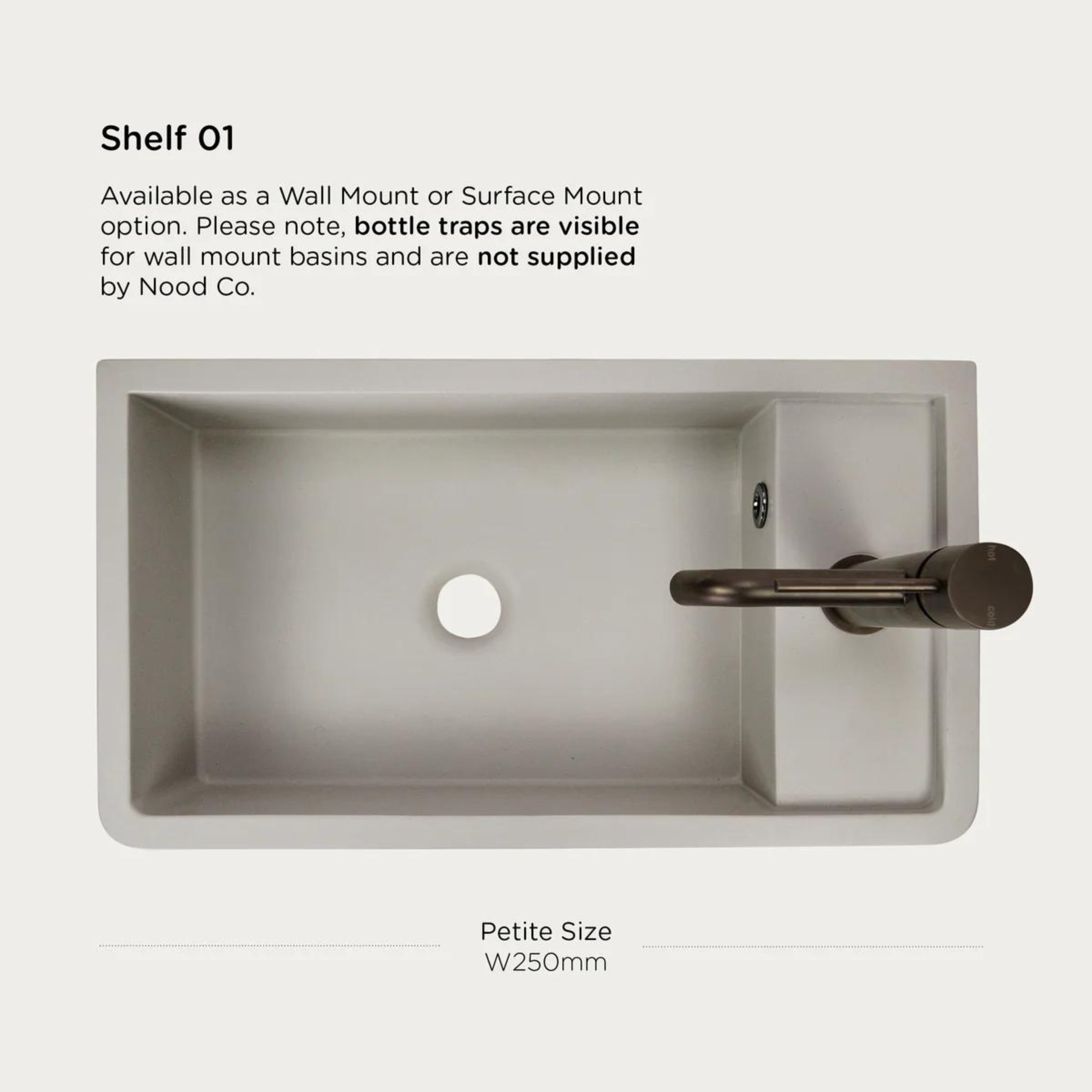 NOOD CO SHELF 01 ABOVE COUNTER / WALL HUNG BASIN ROWBOAT 440MM