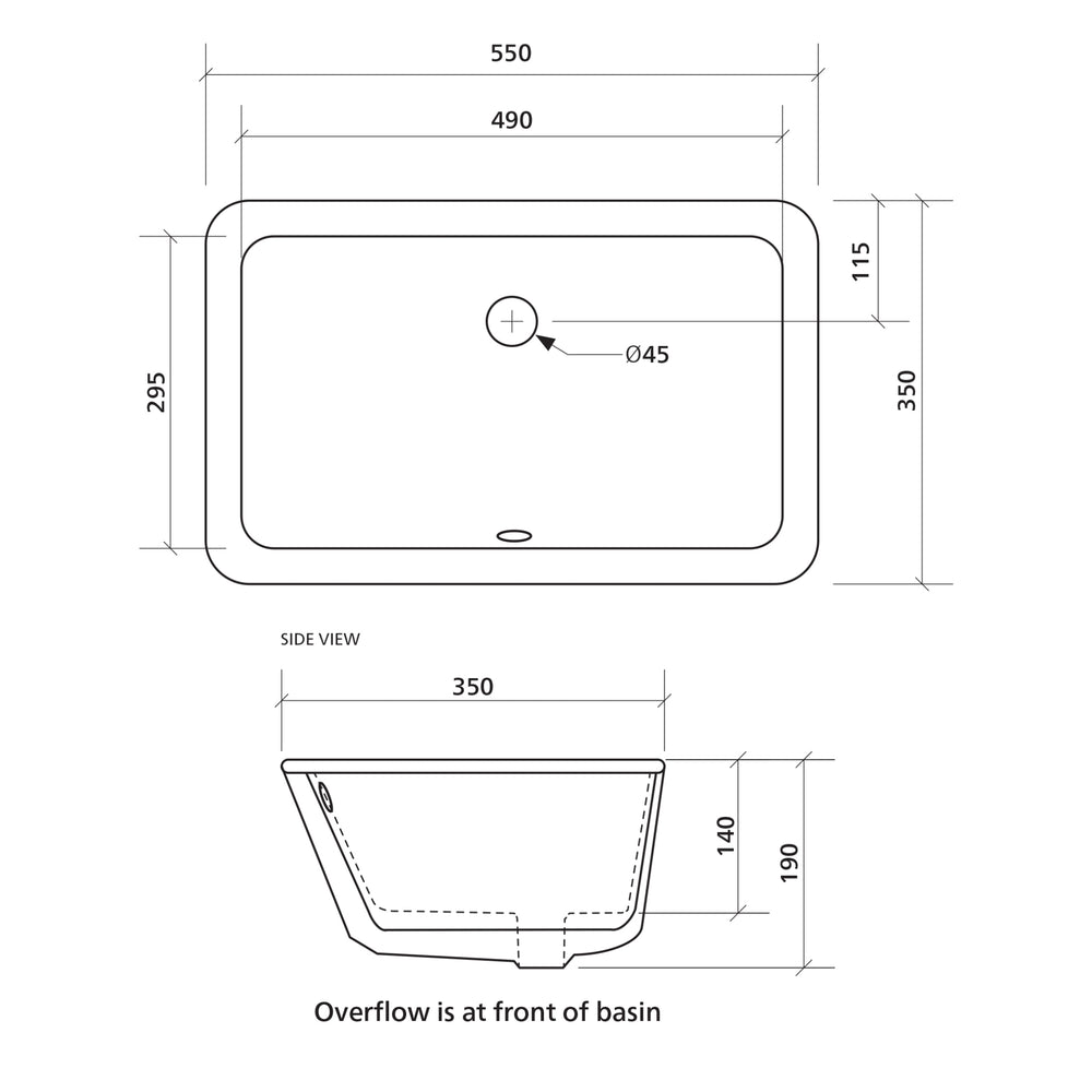SEIMA PLATI 204 UNDER COUNTER BASIN WITH OVERFLOW GLOSS WHITE 490MM