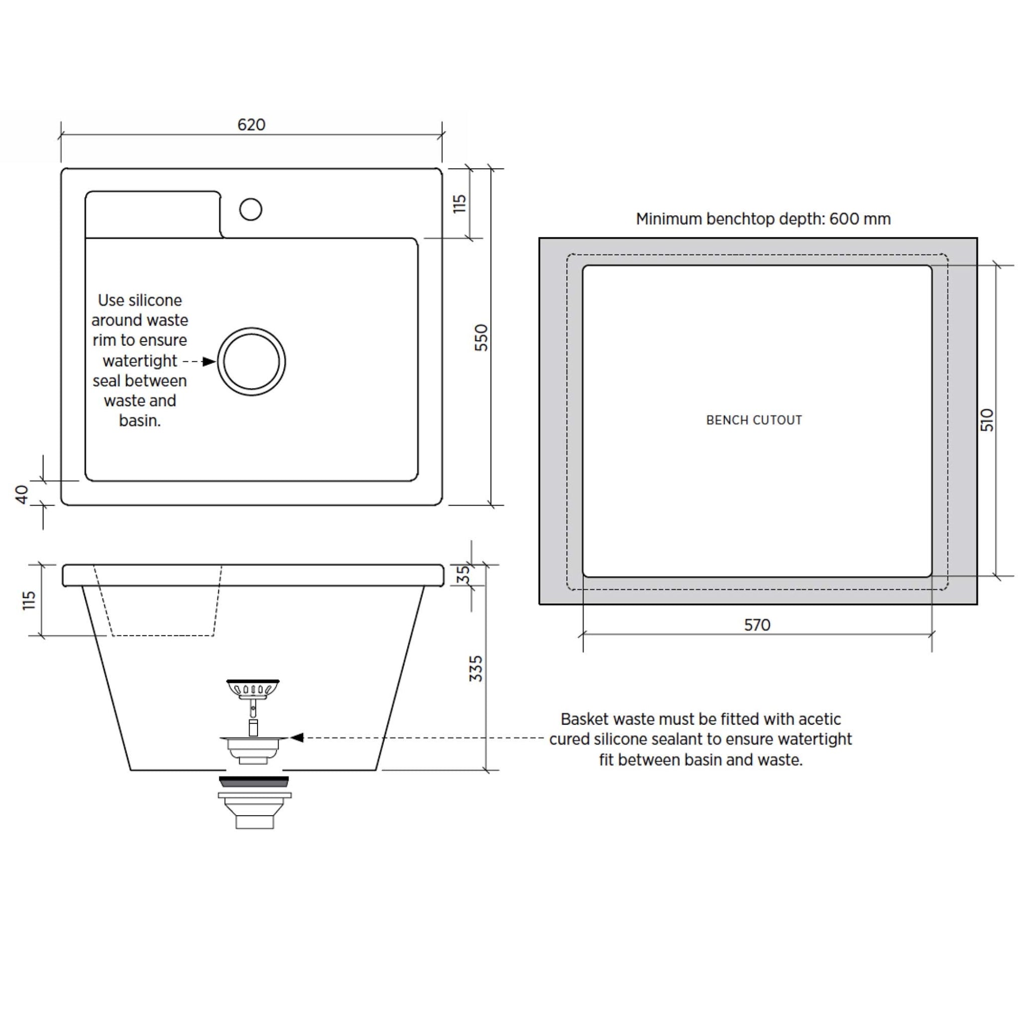 SEIMA EVA 620 SINGLE BOWL LAUNDRY SINK GLOSS WHITE 620MM