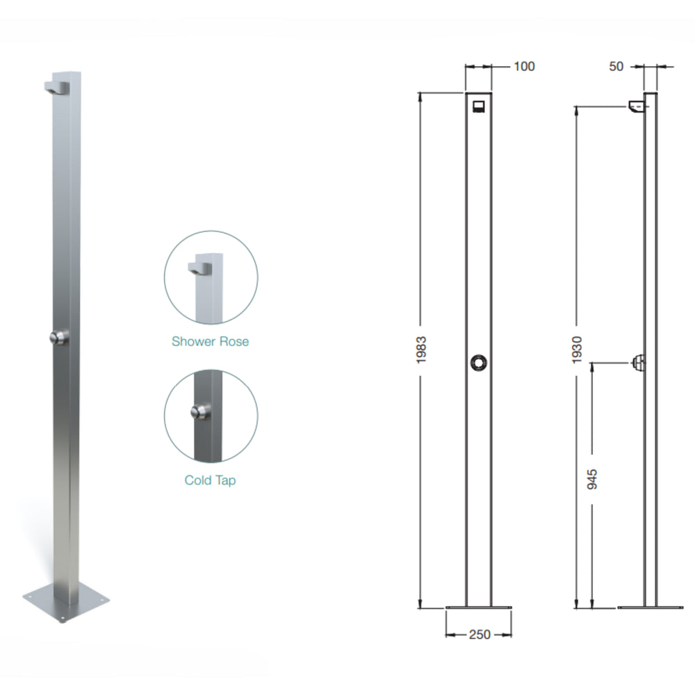 RAINWARE BEACH SLIM FREESTANDING OUTDOOR TIME FLOW SINGLE SHOWER STAINLESS STEEL