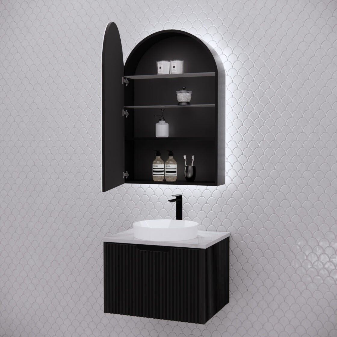 RIVA PARIS MATTE BLACK LED SHAVING CABINET 600X870MM