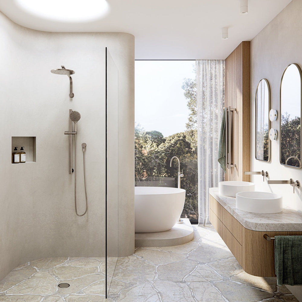 PHOENIX OXLEY HIGH-RISE SHOWER ARM AND ROSE BRUSHED NICKEL