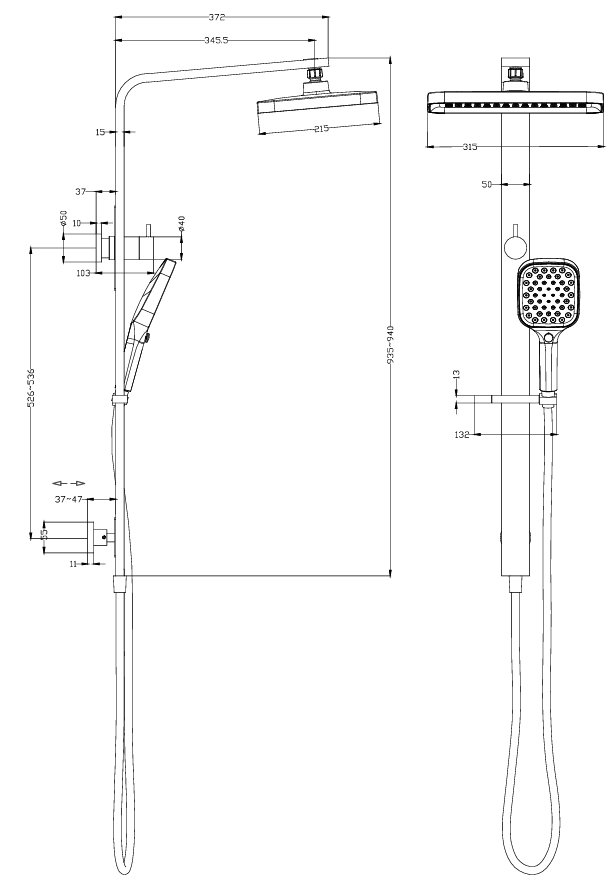 IKON CERAM MULTI-FUNCTION SHOWER SET MATT BLACK - Technical Diagram