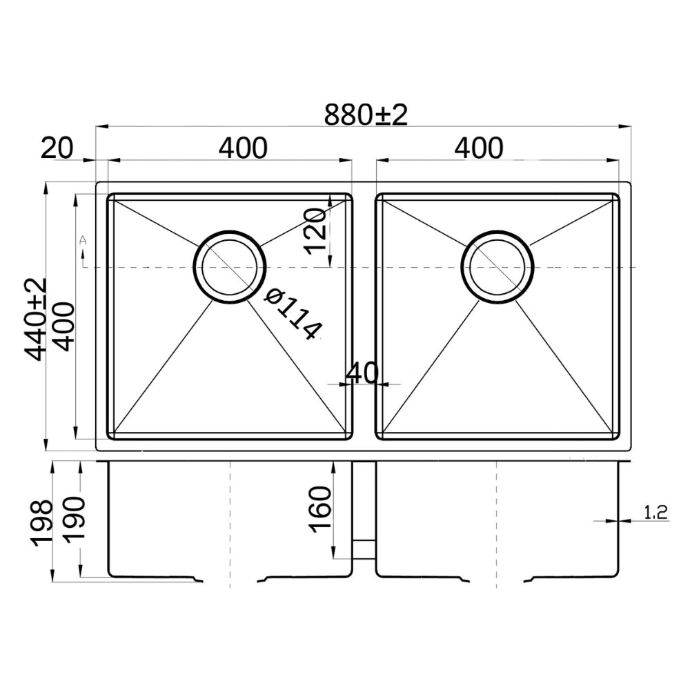 IKON EDEN DOUBLE BOWL UNDERMOUNT SINK STAINLESS STEEL 880MM