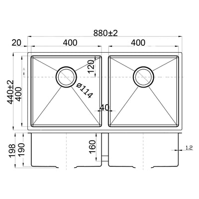 IKON EDEN DOUBLE BOWL UNDERMOUNT SINK STAINLESS STEEL 880MM