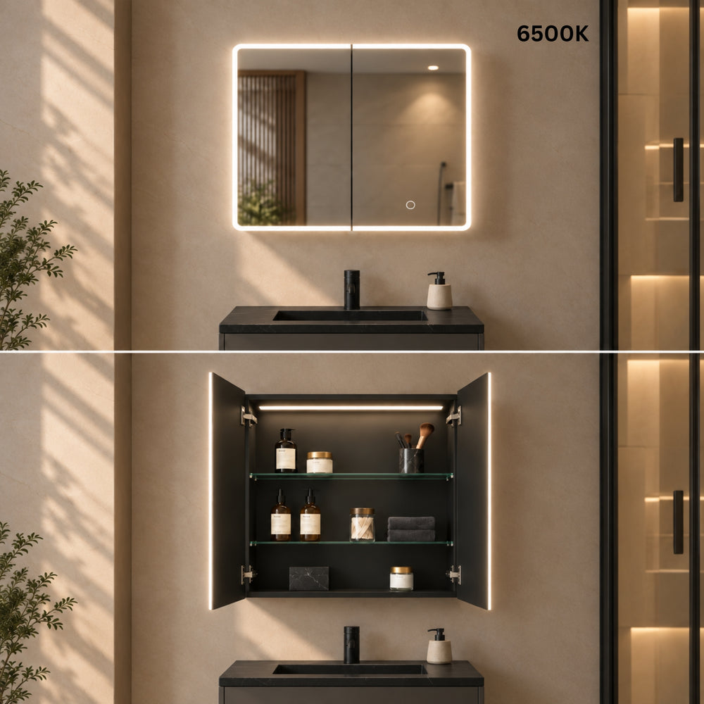 LUKKA AVOLA MATTE BLACK LED MIRROR SHAVING CABINET WITH 3 COLOUR LIGHTS 600X750MM