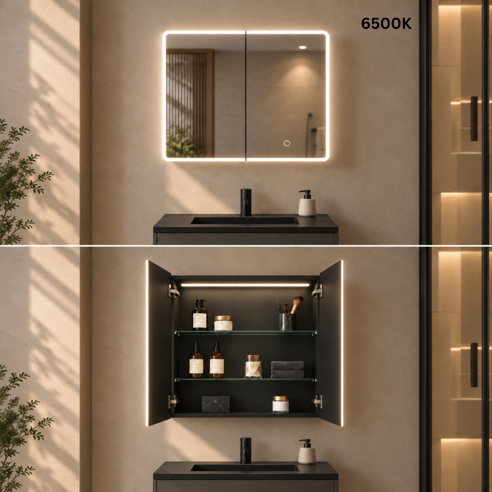 LUKKA AVOLA MATTE BLACK LED MIRROR SHAVING CABINET WITH 3 COLOUR LIGHTS 600X750MM