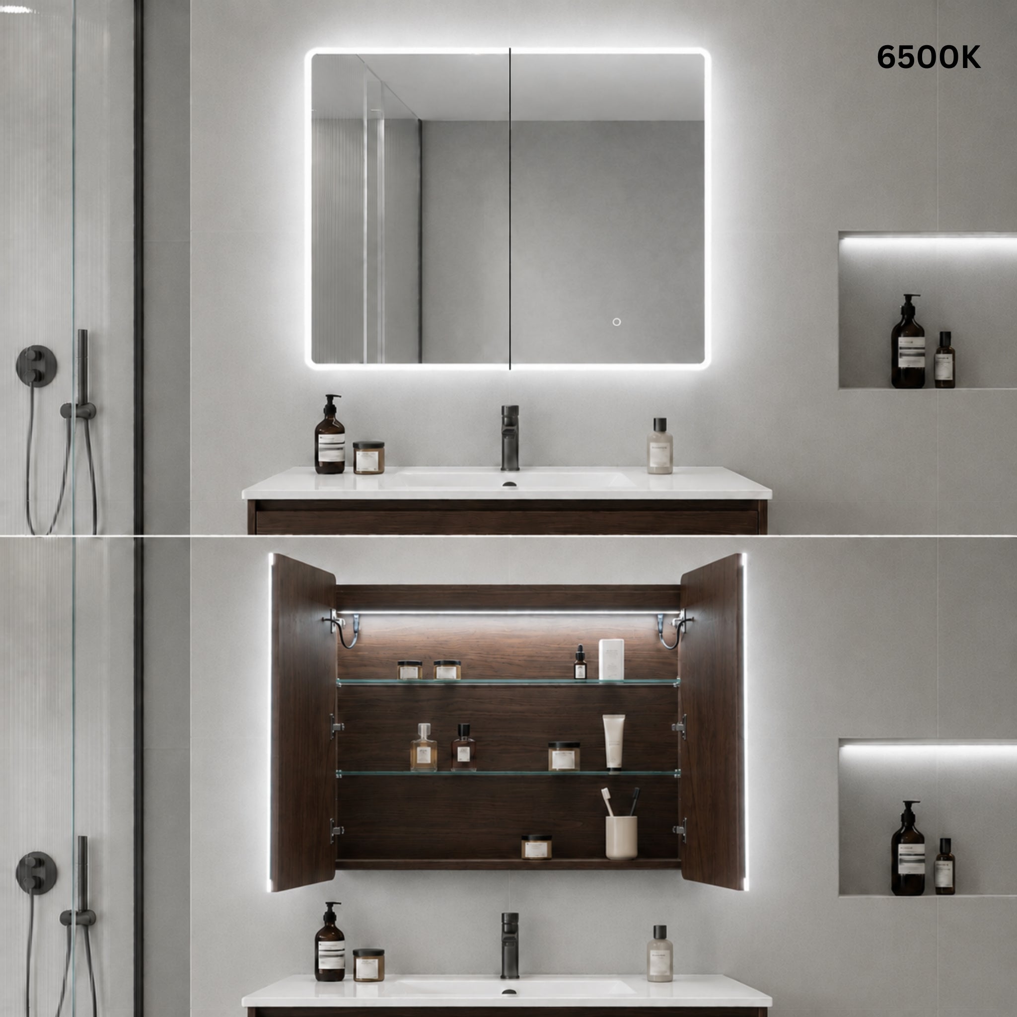 LUKKA AVOLA MOCHA OAK LED MIRROR SHAVING CABINET WITH 3 COLOUR LIGHTS 900X750MM