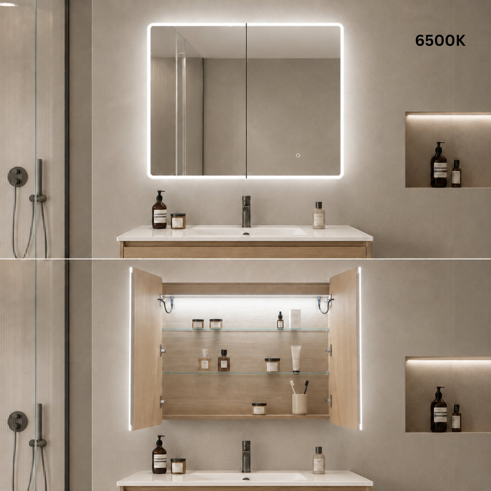 LUKKA AVOLA SANDY OAK LED MIRROR SHAVING CABINET WITH 3 COLOUR LIGHTS 900X750MM