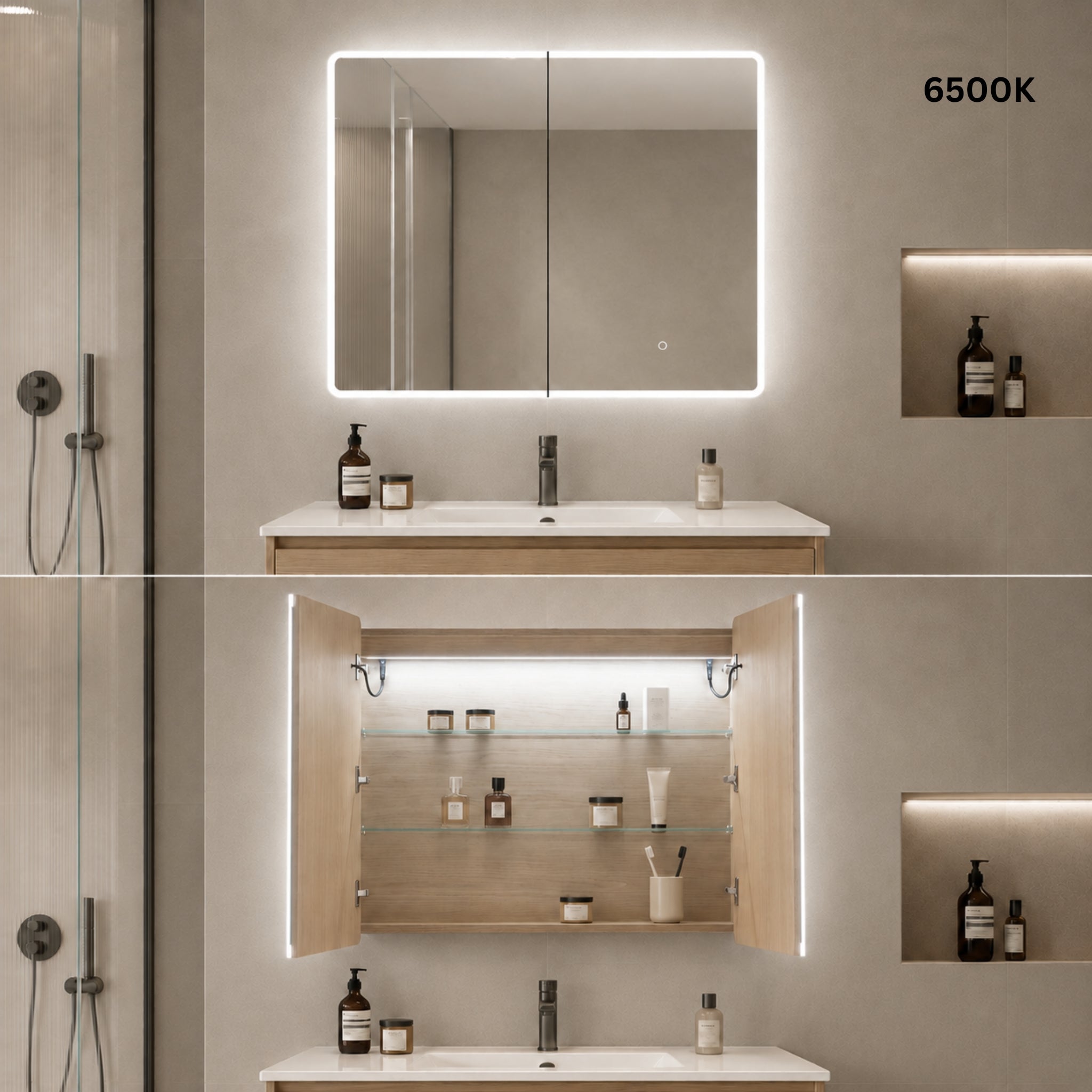 LUKKA AVOLA SANDY OAK LED MIRROR SHAVING CABINET WITH 3 COLOUR LIGHTS 900X750MM