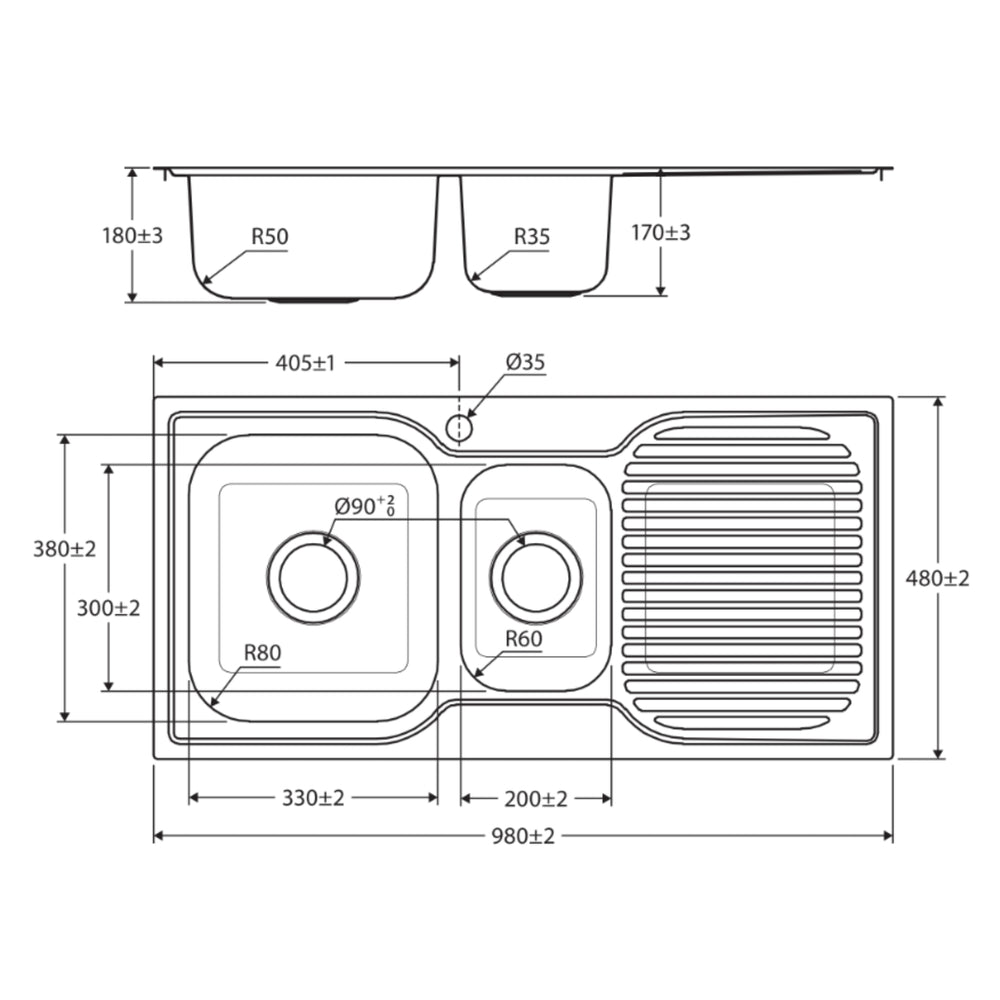 FIENZA TIVA DOUBLE BOWL KITCHEN SINK WITH DRAINER STAINLESS STEEL 980MM